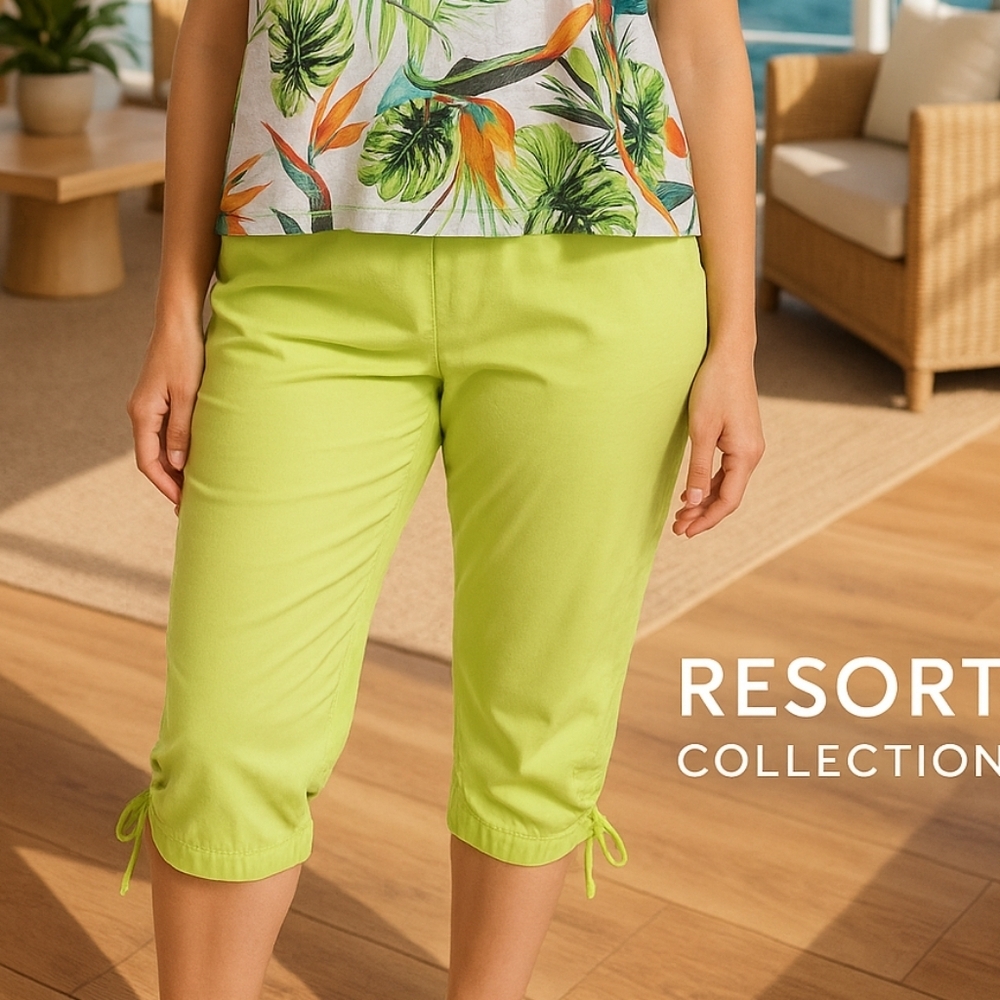 Lime Green Capris Cinched Leg Ties Chico's Size 3 / 16 Soft Stretchy Crop Pant